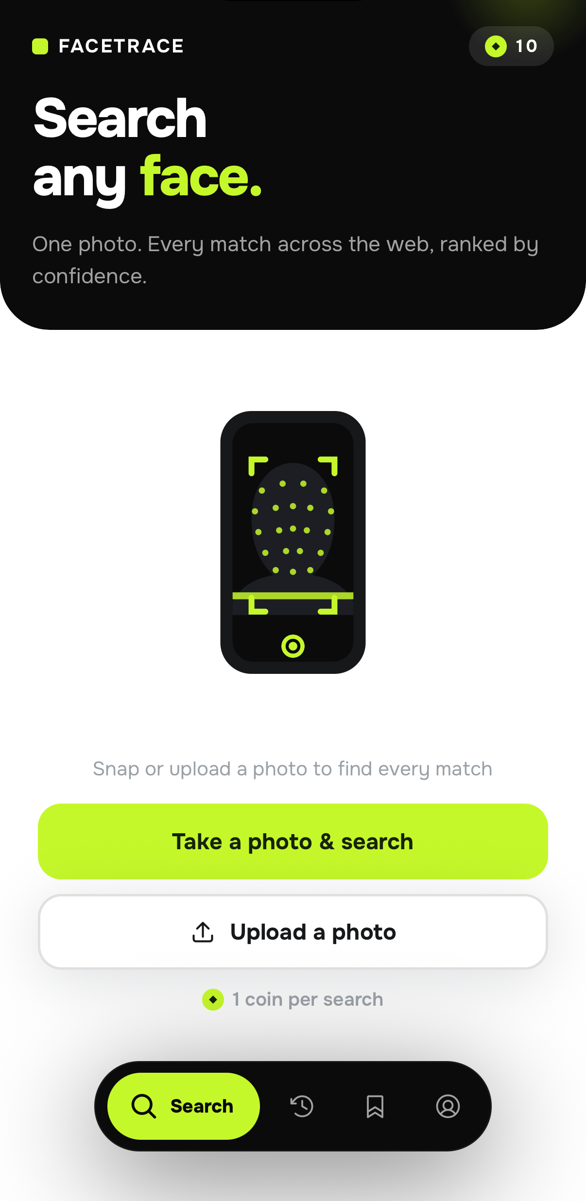 The FaceTrace search screen