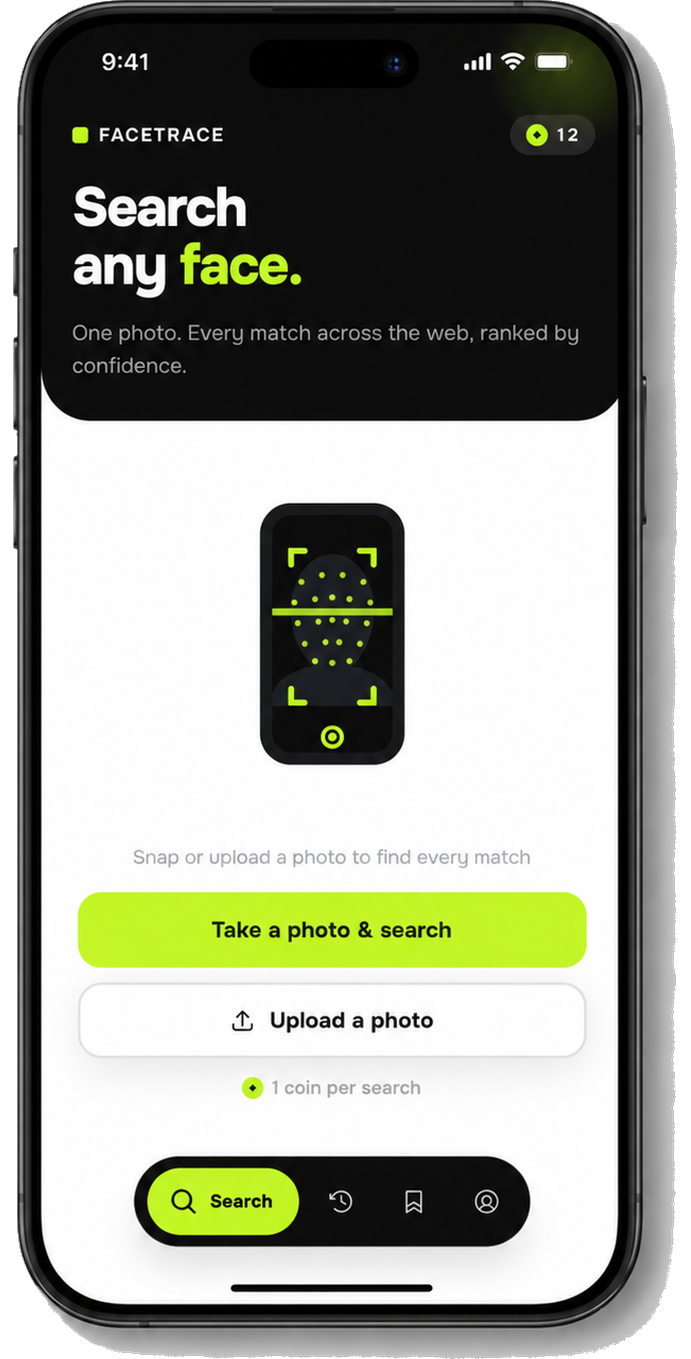 The FaceTrace search screen, ready to take or upload a photo