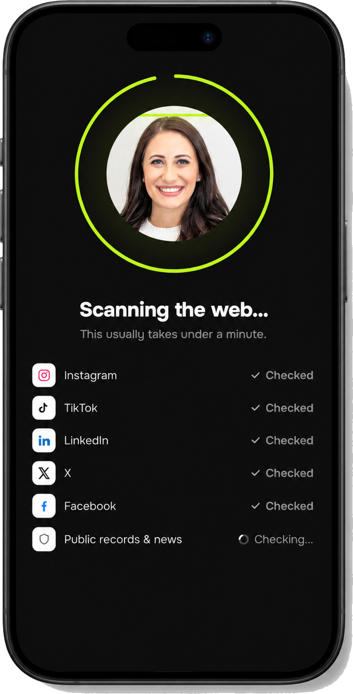 FaceTrace scanning the web, checking Instagram, TikTok, LinkedIn, X, Facebook, and public records