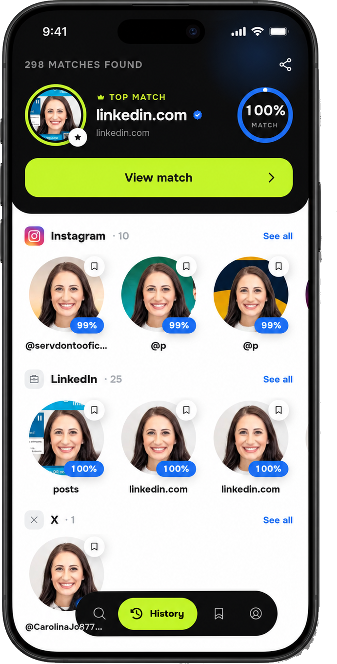 FaceTrace results, showing ranked matches grouped by platform with confidence scores